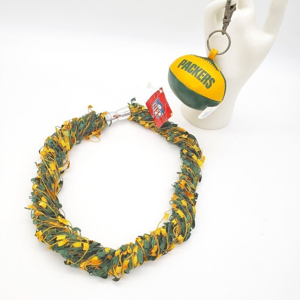 Green Bay Packers Football Keychain with Tags and Green Gold Necklace